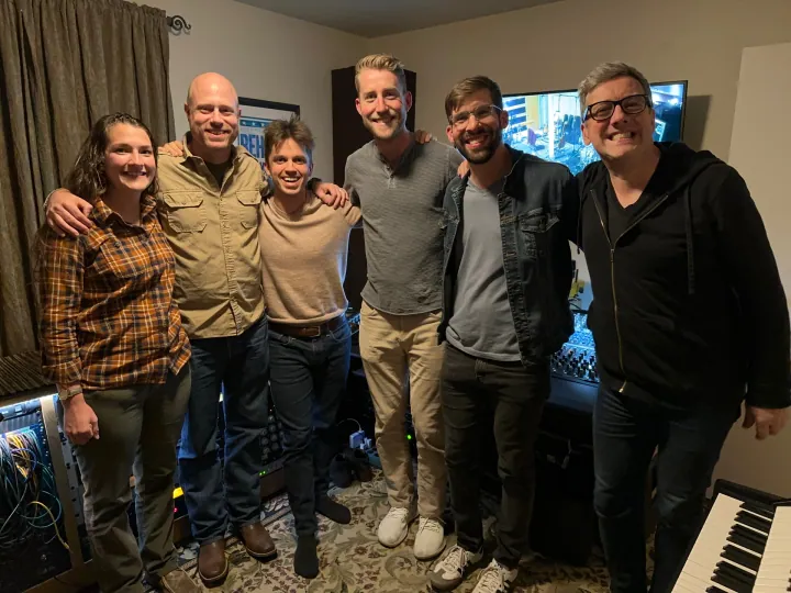 Ronni, Sam, Evan Redwine, Erik Coveney, Nathan Dugger, and Paul Eckberg together in the studio.